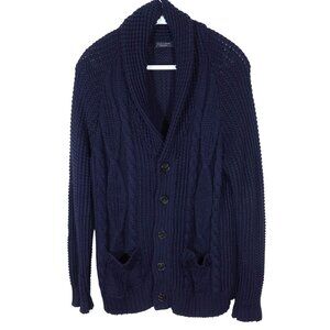 ZARA MAN Cable Shawl Collar Cardigan Sweater XL Wool Blend Navy Blue Grandpa
